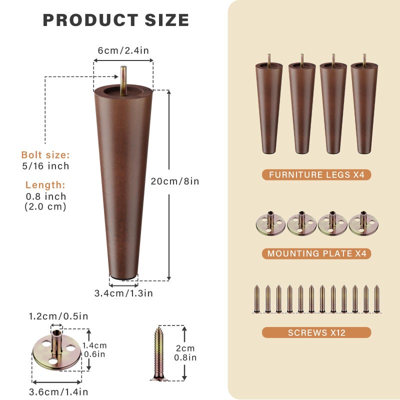 GOSCHE 8 Inch Wood Furniture Legs Sofa Legs Set of 4, Brown Wooden Furniture Feet Couch Legs, Mid Century Modern Dresser Replacement Feet for Chair Cabinet Armchair Table Or Home DIY Projects Bun Feet - Image 2